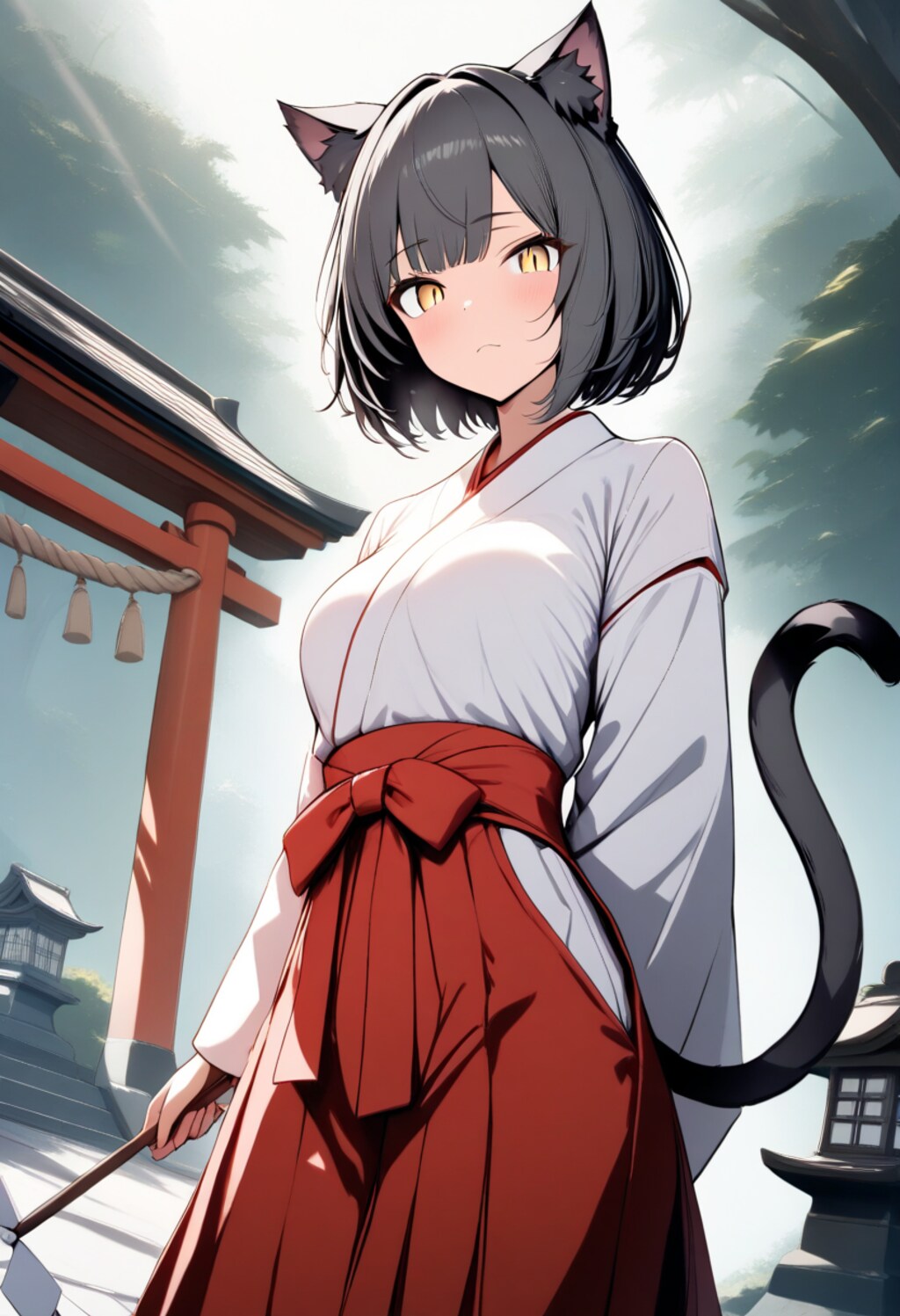 猫耳巫女さん、清めの朝。