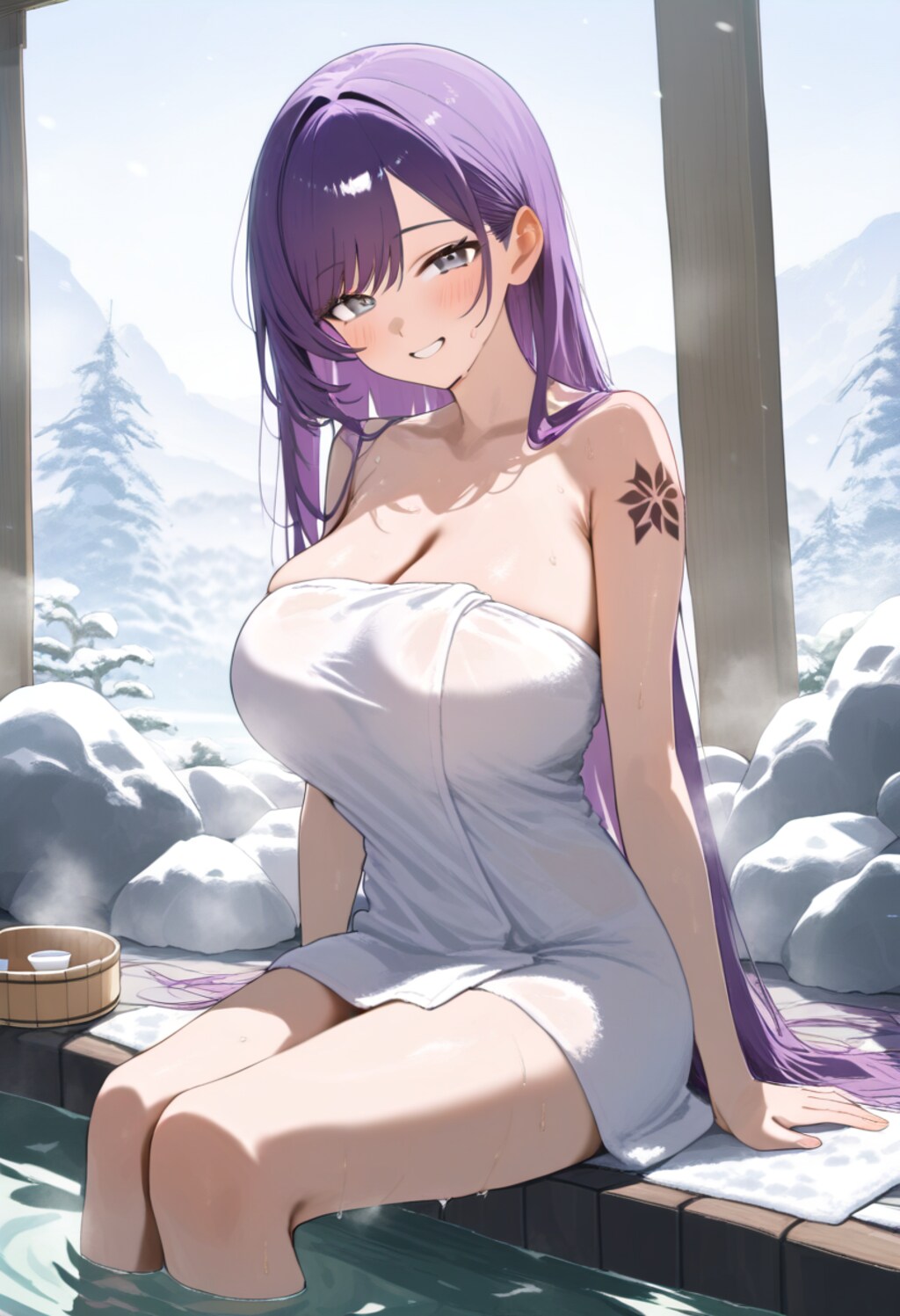 雪景色❄⛄️の温泉♨️に入っているモア😍💞(タオル)