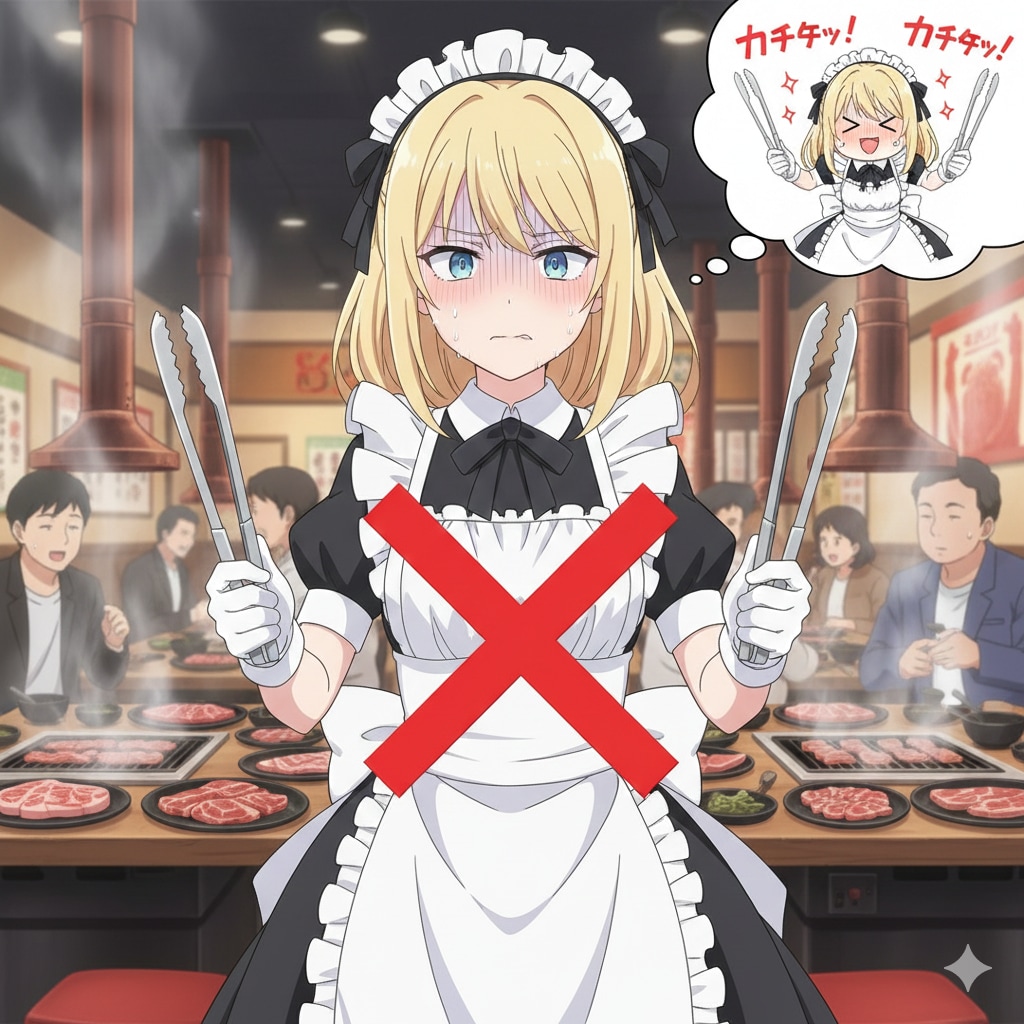 焼肉屋でトングカチカチを禁止されたメイドさん