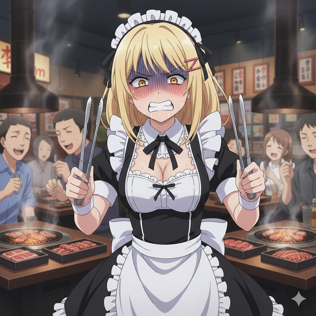 焼肉屋でトングカチカチを禁止されたメイドさん