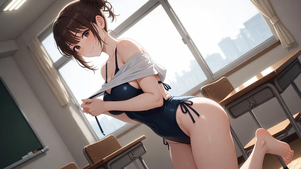 教室でスクール水着や競泳水着のお姉さんたち