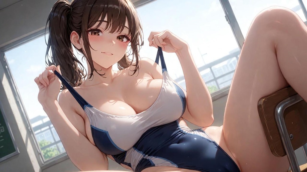 教室でスクール水着や競泳水着のお姉さんたち