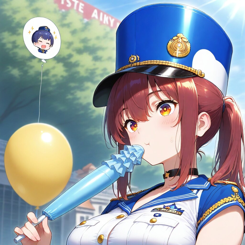 港街で風船を膨らませて遊ぶ海兵服の美女