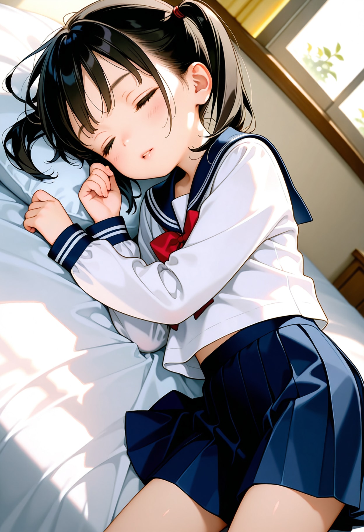 ベッドで疲れて寝ちゃったセーラー服ちゃん