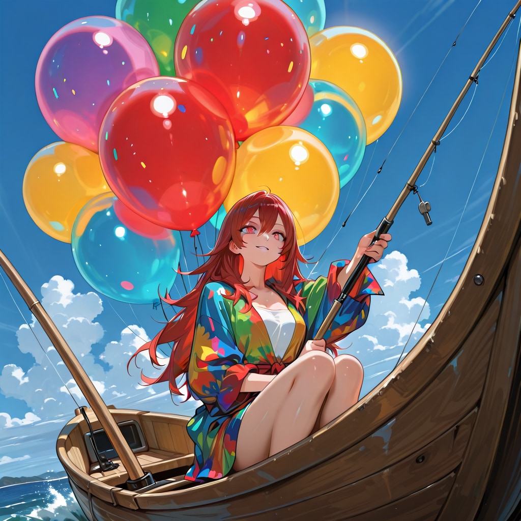 色とりどりの風船を持つ赤い髪ロングの漁師の船長の美女 | の人気AIイラスト・グラビア