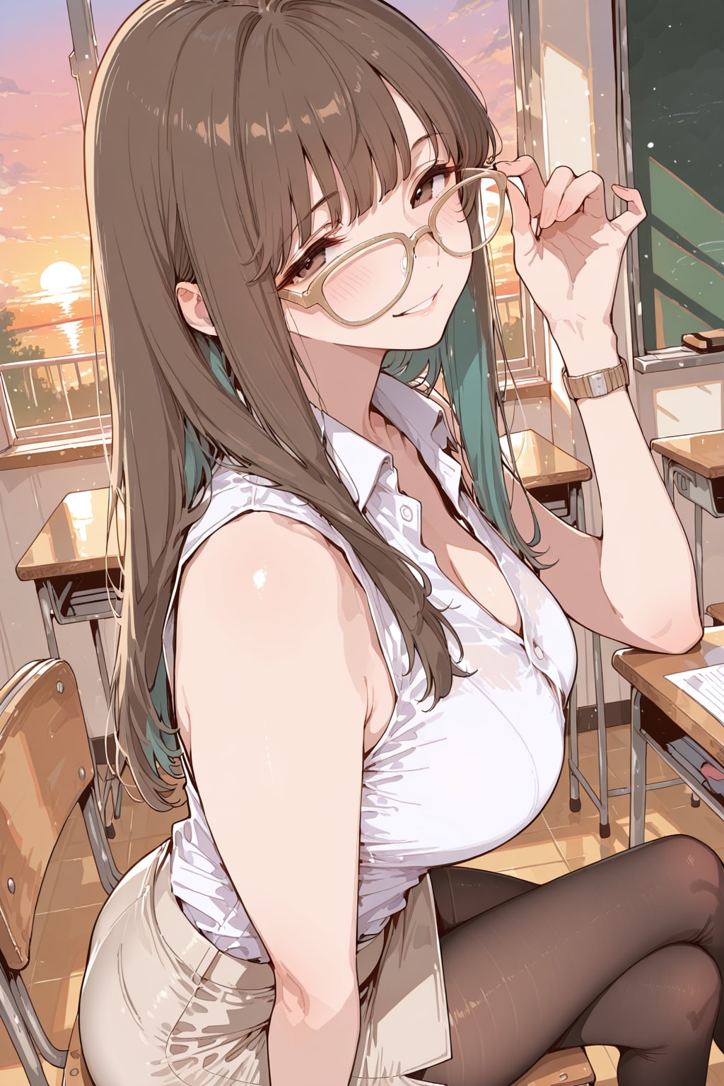 ノースリーブメガネ女教師
