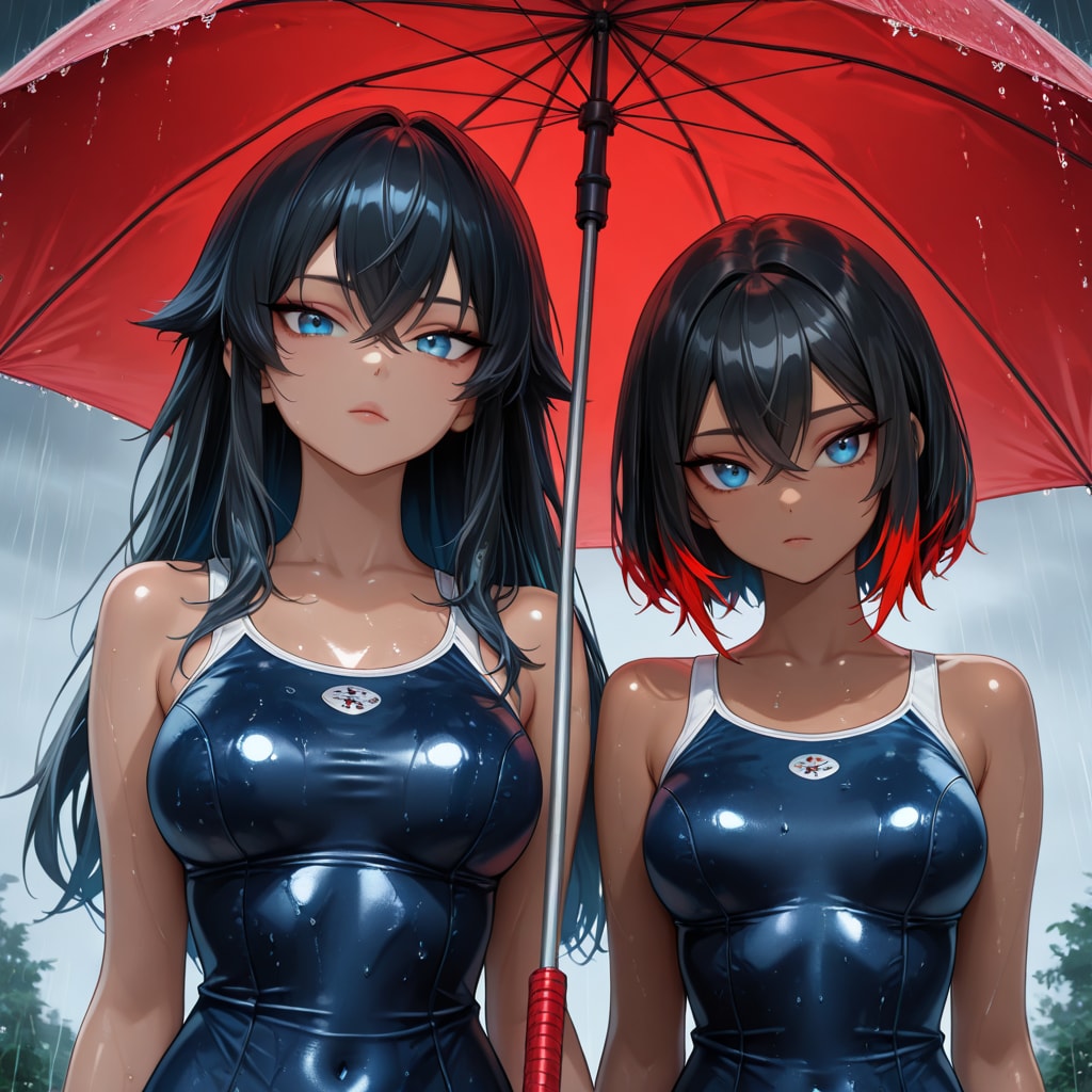 二人は雨の中で出会う、クス水で　黒メッシュ赤メッシュVer