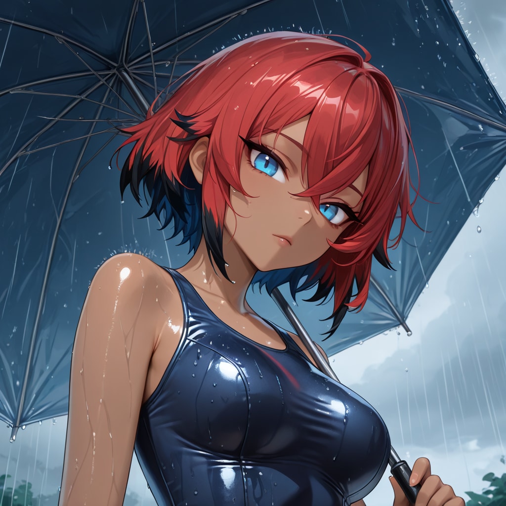 二人は雨の中で出会う、クス水で　黒メッシュ赤メッシュVer