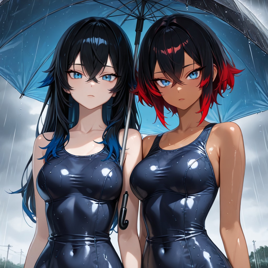 二人は雨の中で出会う、クス水で　黒メッシュ赤メッシュVer
