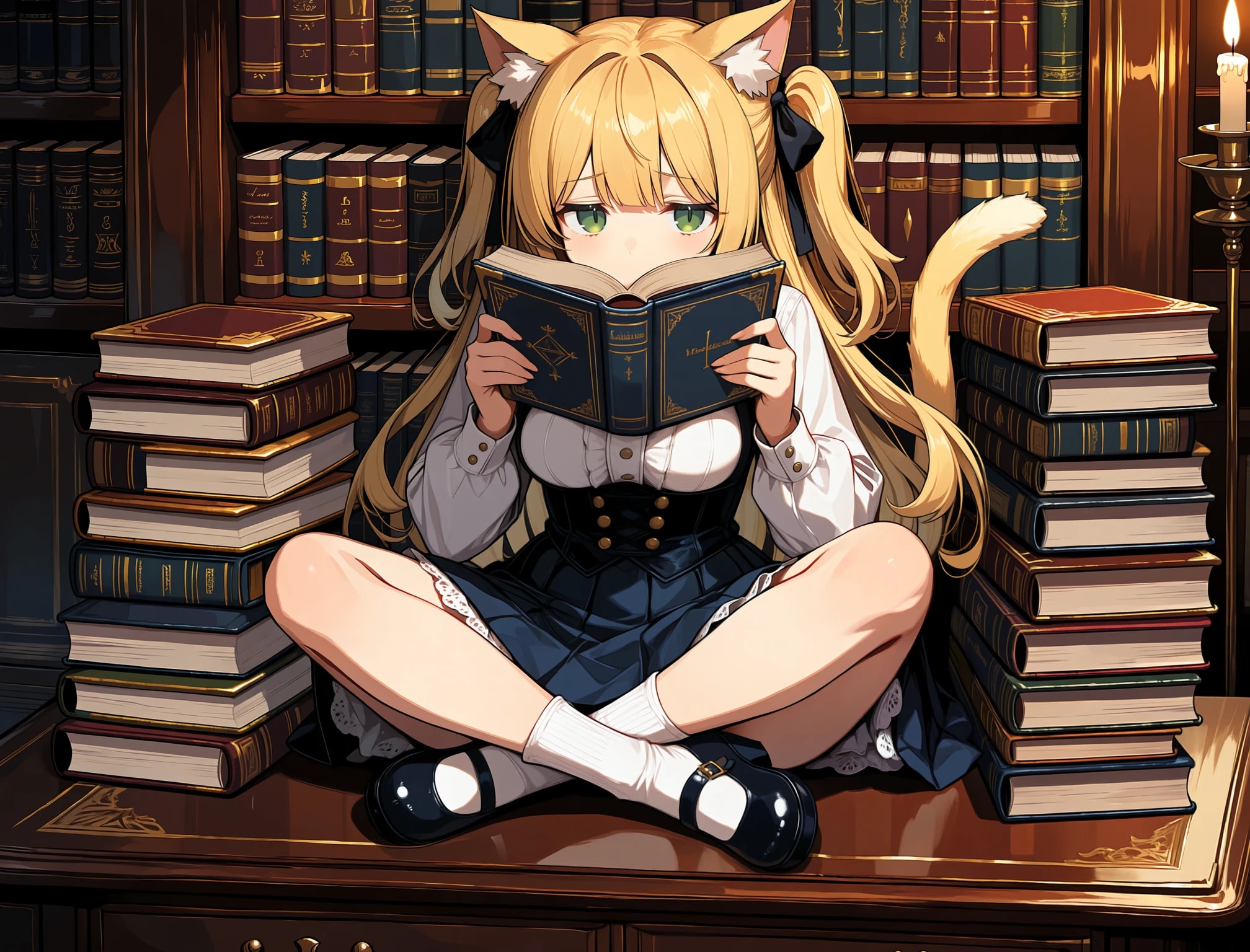 本に夢中になっている猫耳の女の子