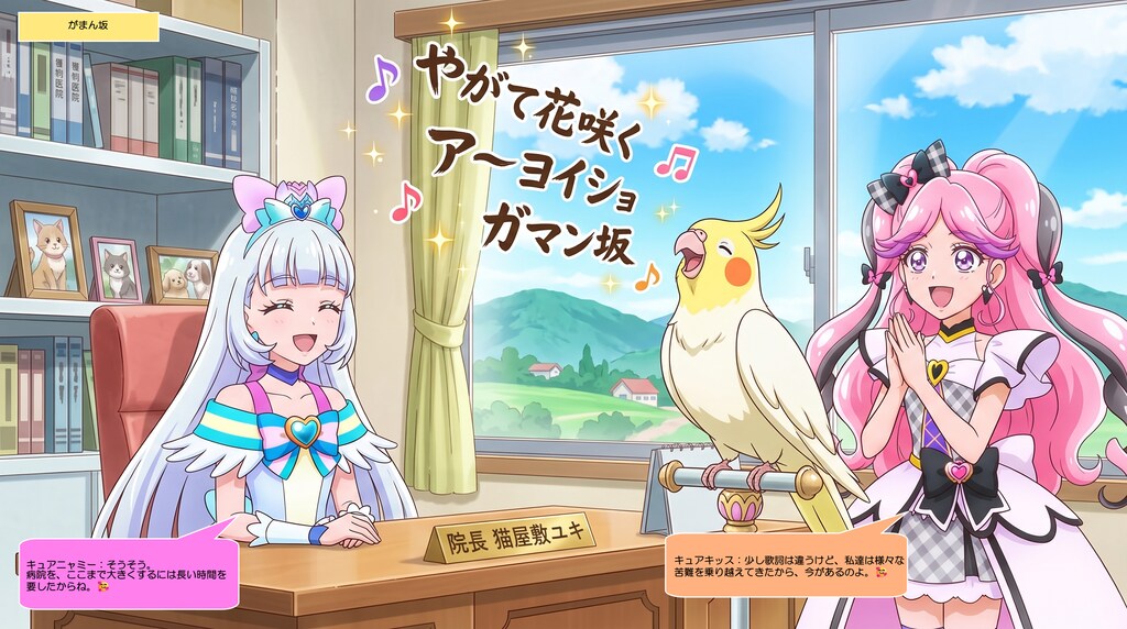 ニャミー博士とキッス、オカメインコが演歌を歌うのを見て喜ぶ