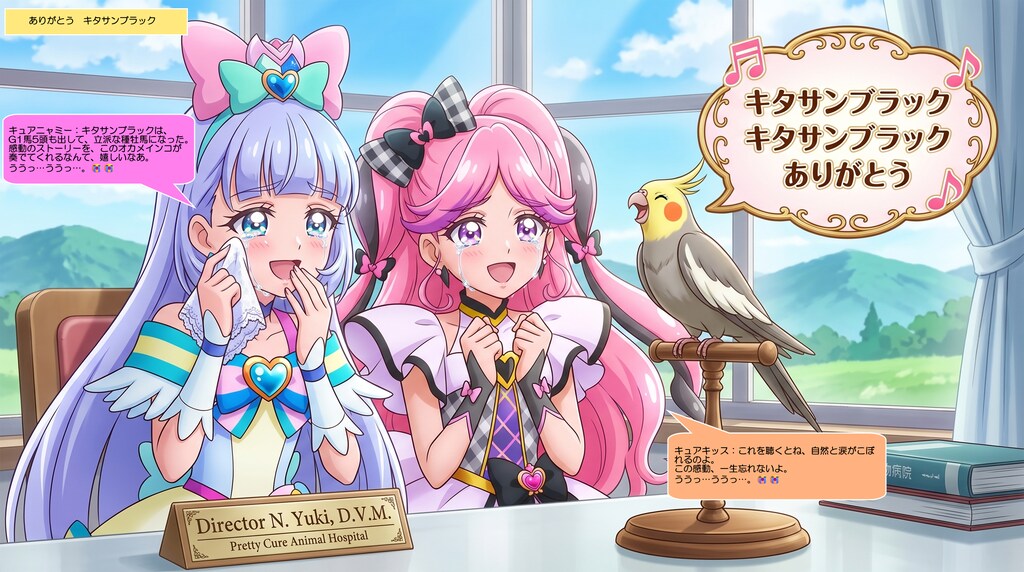 ニャミー博士とキッス、オカメインコが演歌を歌うのを見て喜ぶ