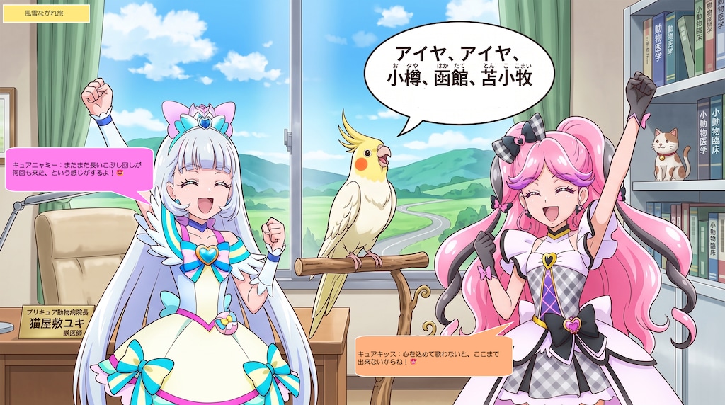 ニャミー博士とキッス、オカメインコが演歌を歌うのを見て喜ぶ