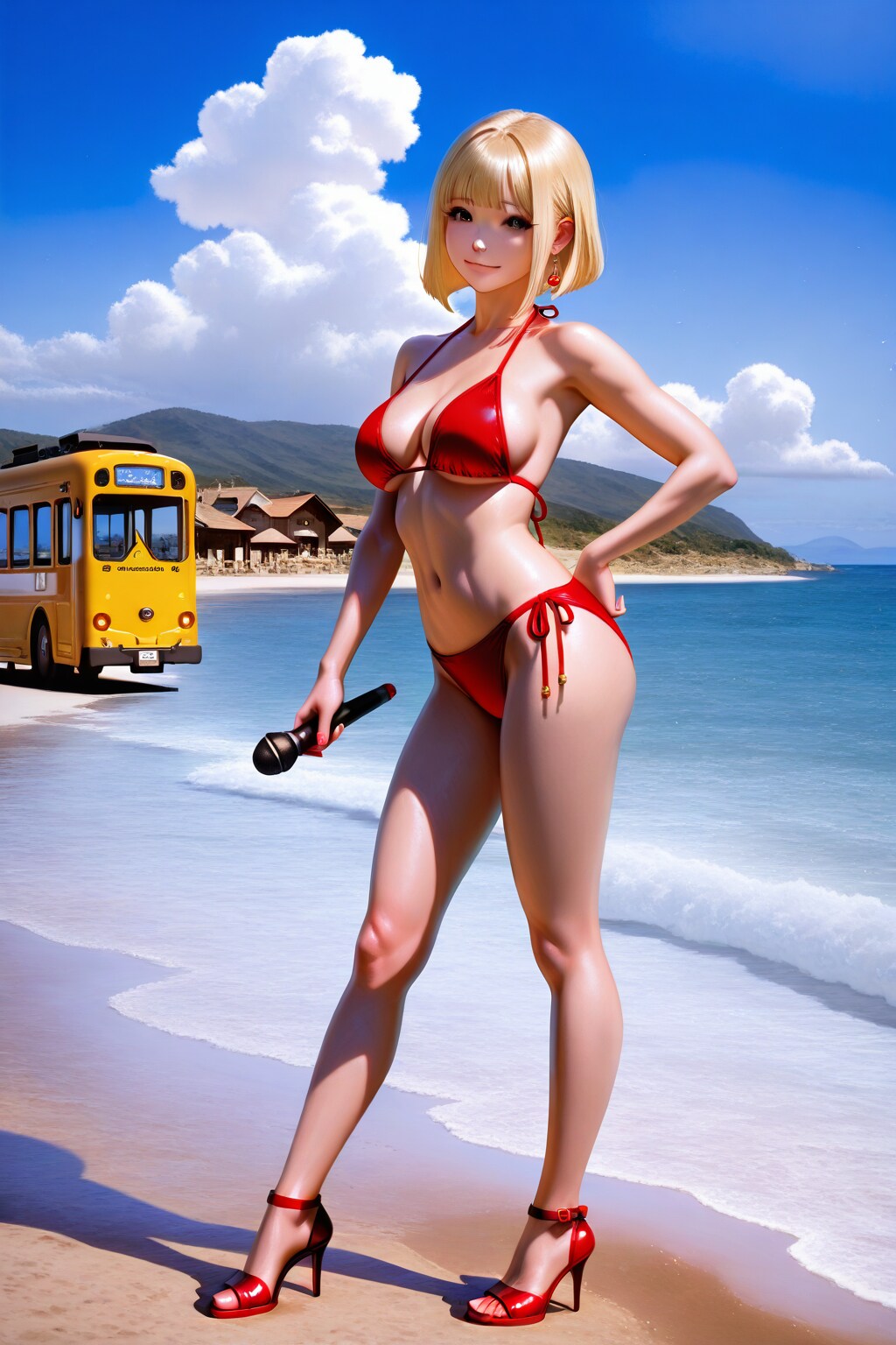 夏の浜辺のバスガイドさん