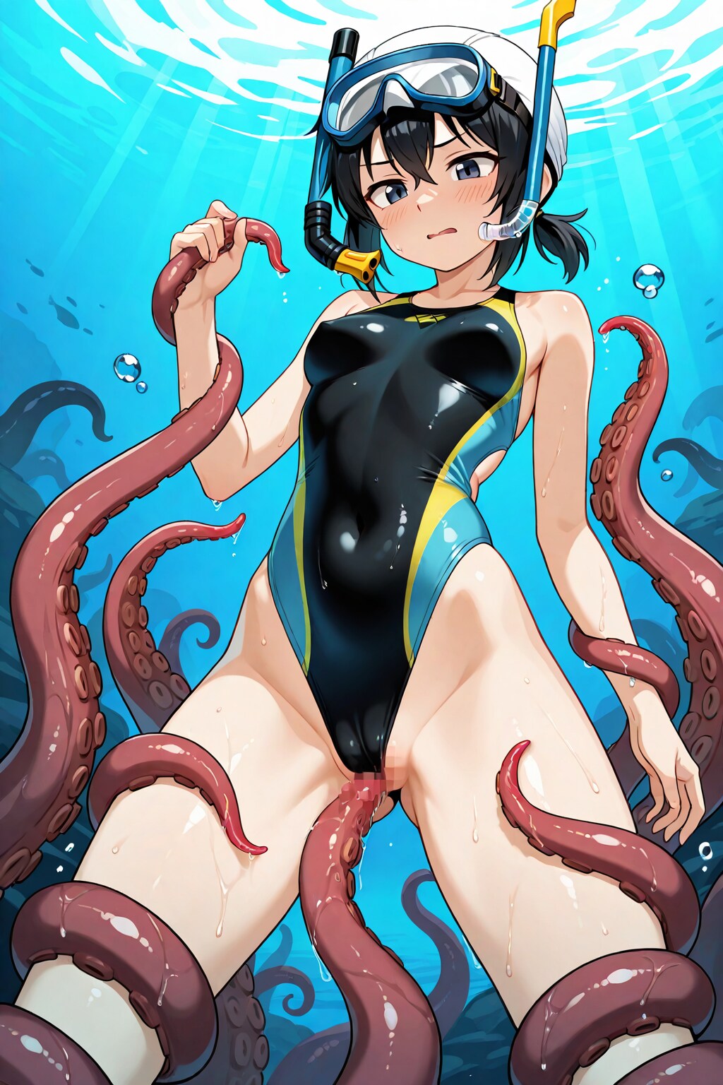 水中で触手と交わる競泳水着の少女