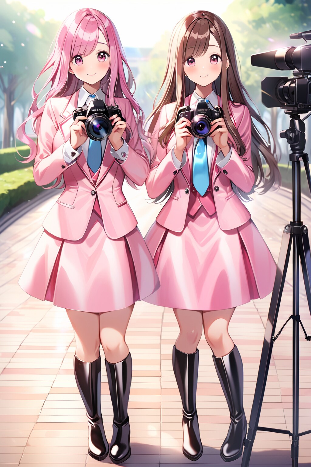 仲良し女学生のカメラ撮影