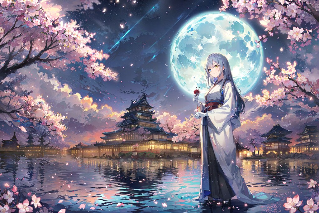 #45 夜桜と日本の城 背景コレクション50チャレンジ