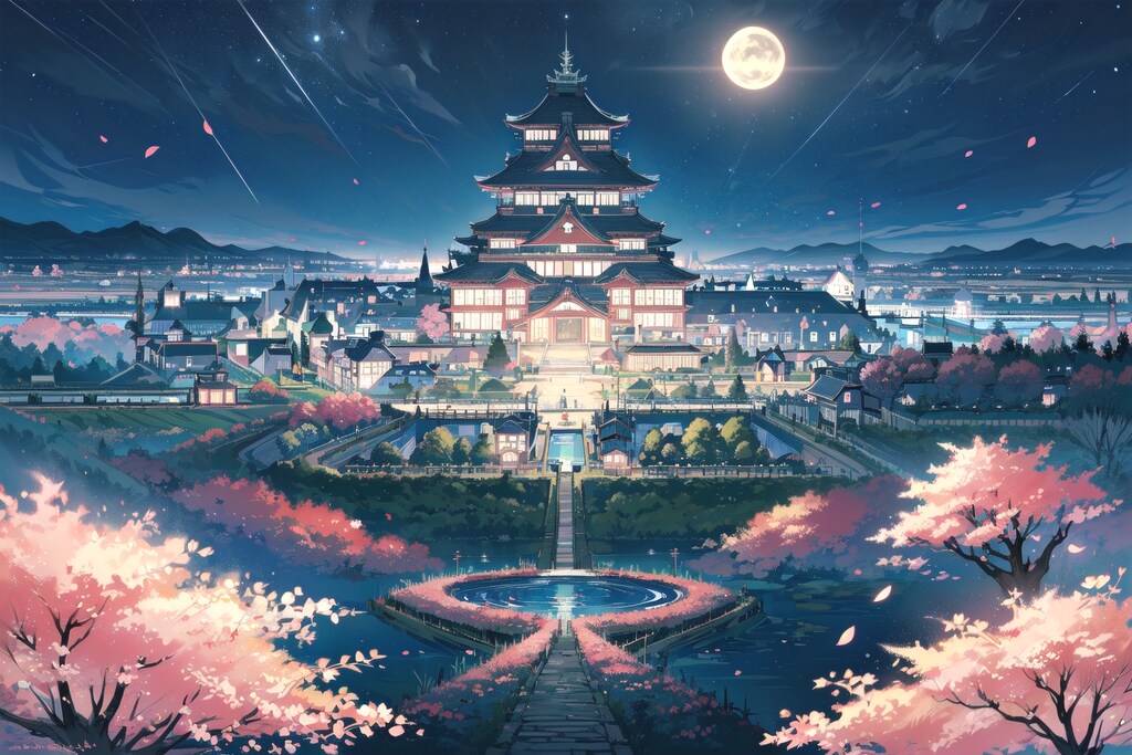 #45 夜桜と日本の城 背景コレクション50チャレンジ