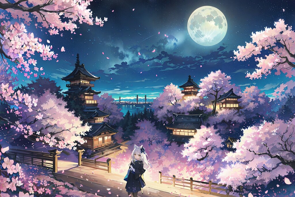 #45 夜桜と日本の城 背景コレクション50チャレンジ