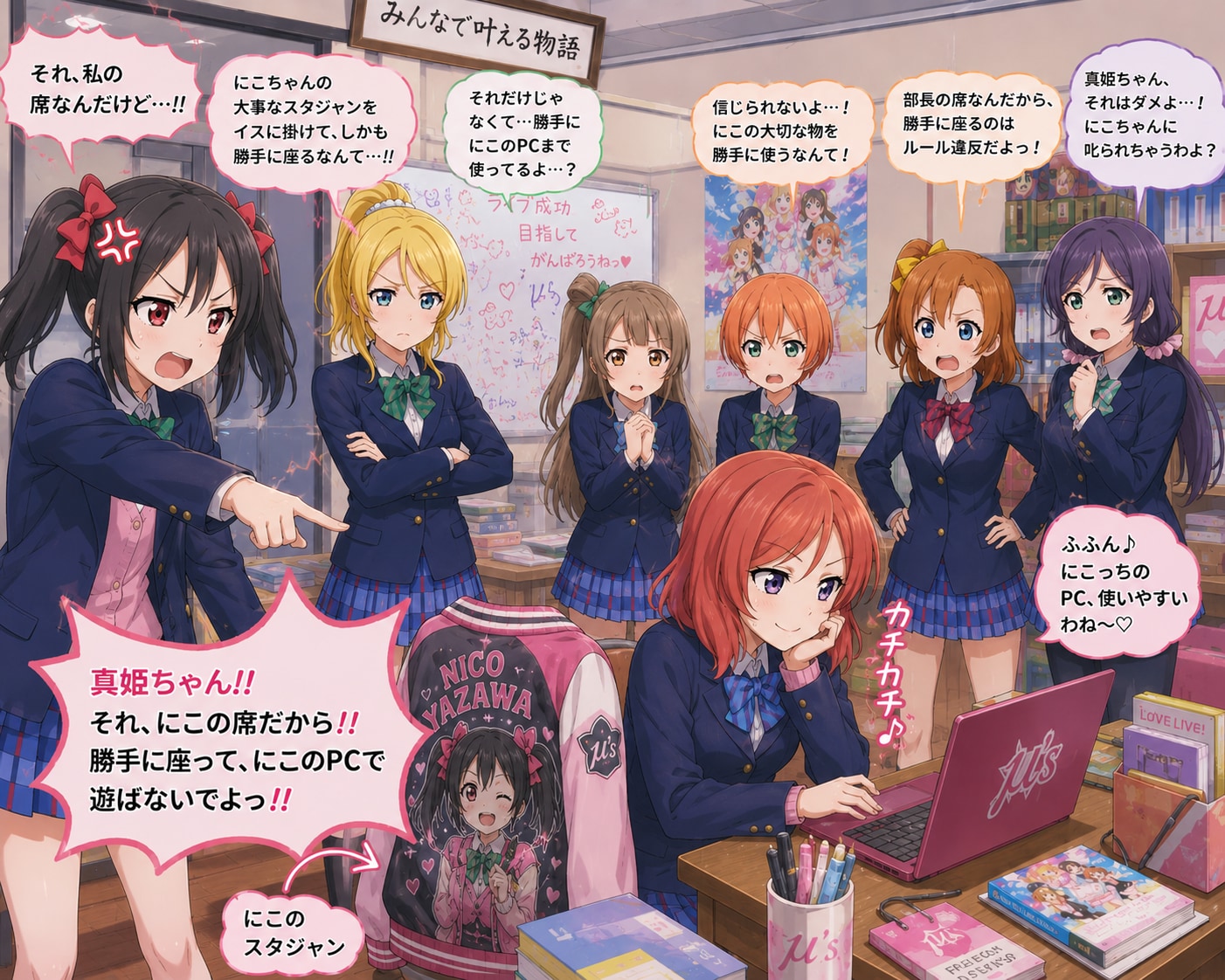 矢澤にこの席に勝手に座りノートＰＣで遊んでいる西木野真姫