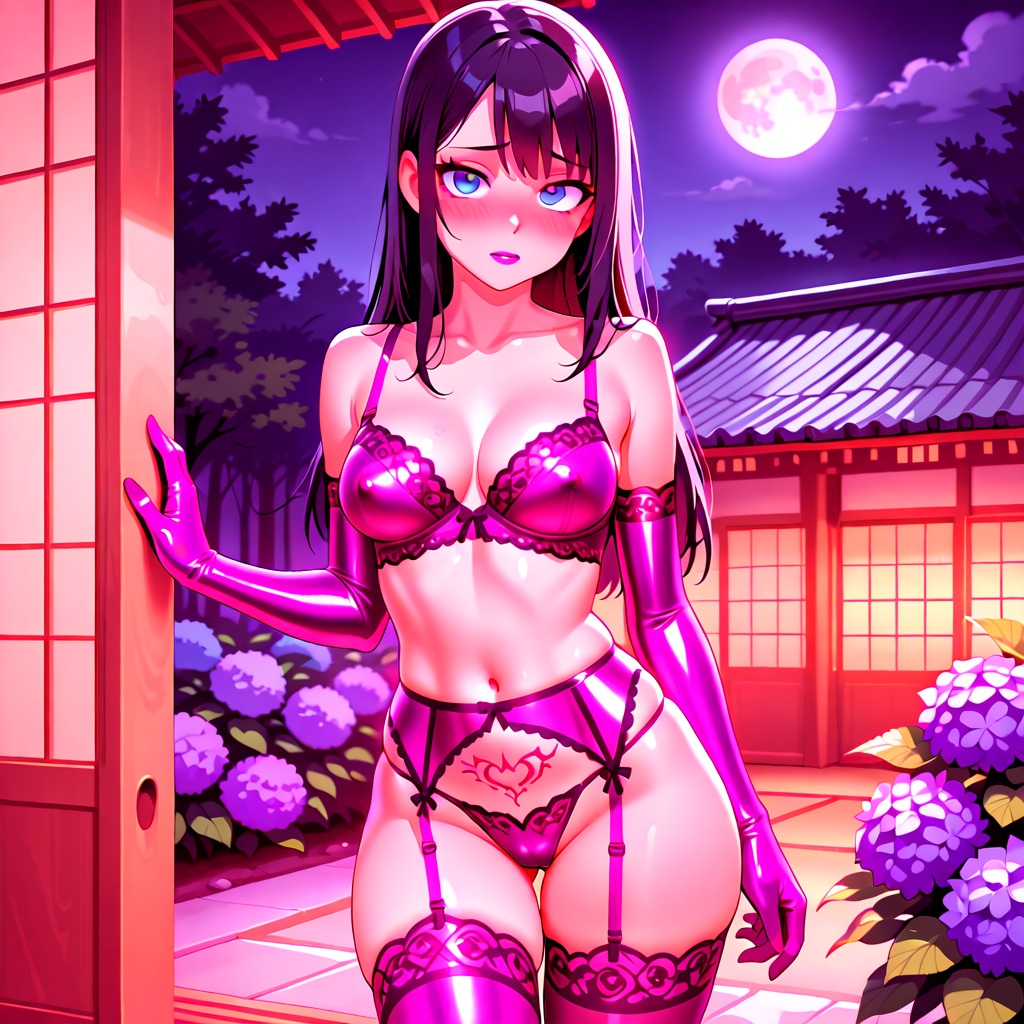 紫下着の葵さんとアジサイ(ちちぷい版)