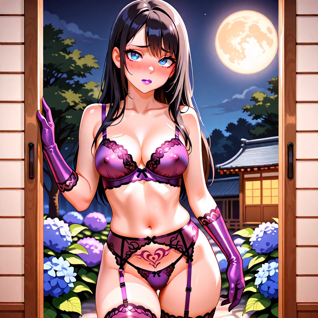 紫下着の葵さんとアジサイ(ちちぷい版)
