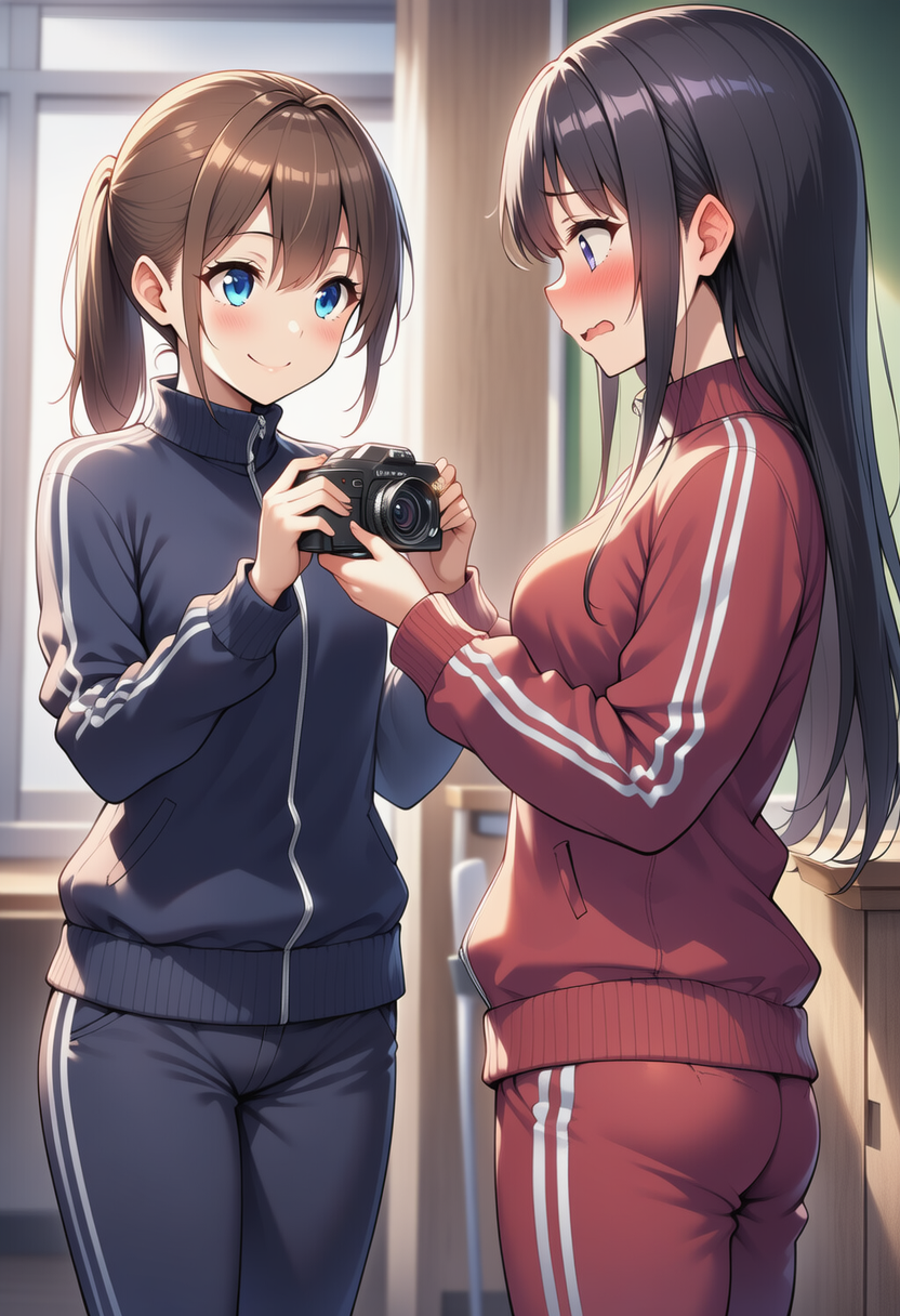 「せんぱ～い、このインスタントカメラ親戚からもらったんです。一緒にチェキ撮りましょう♪」 「えぇ～私はそういうのいいよ…恥ずかしいから…」 | の人気AIイラスト・グラビア