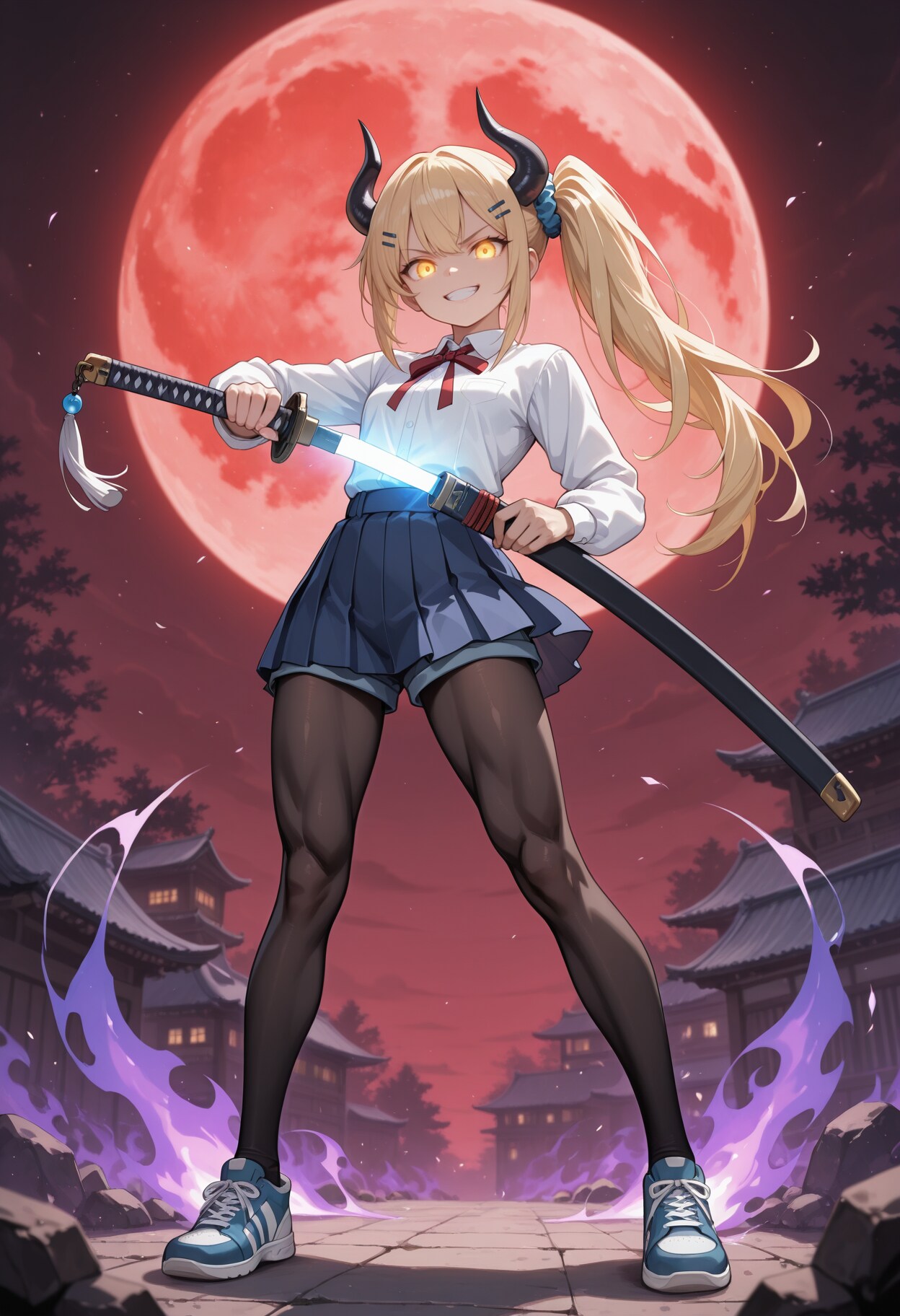 赤い月の下で抜刀する女鬼高生さん | の人気AIイラスト・グラビア