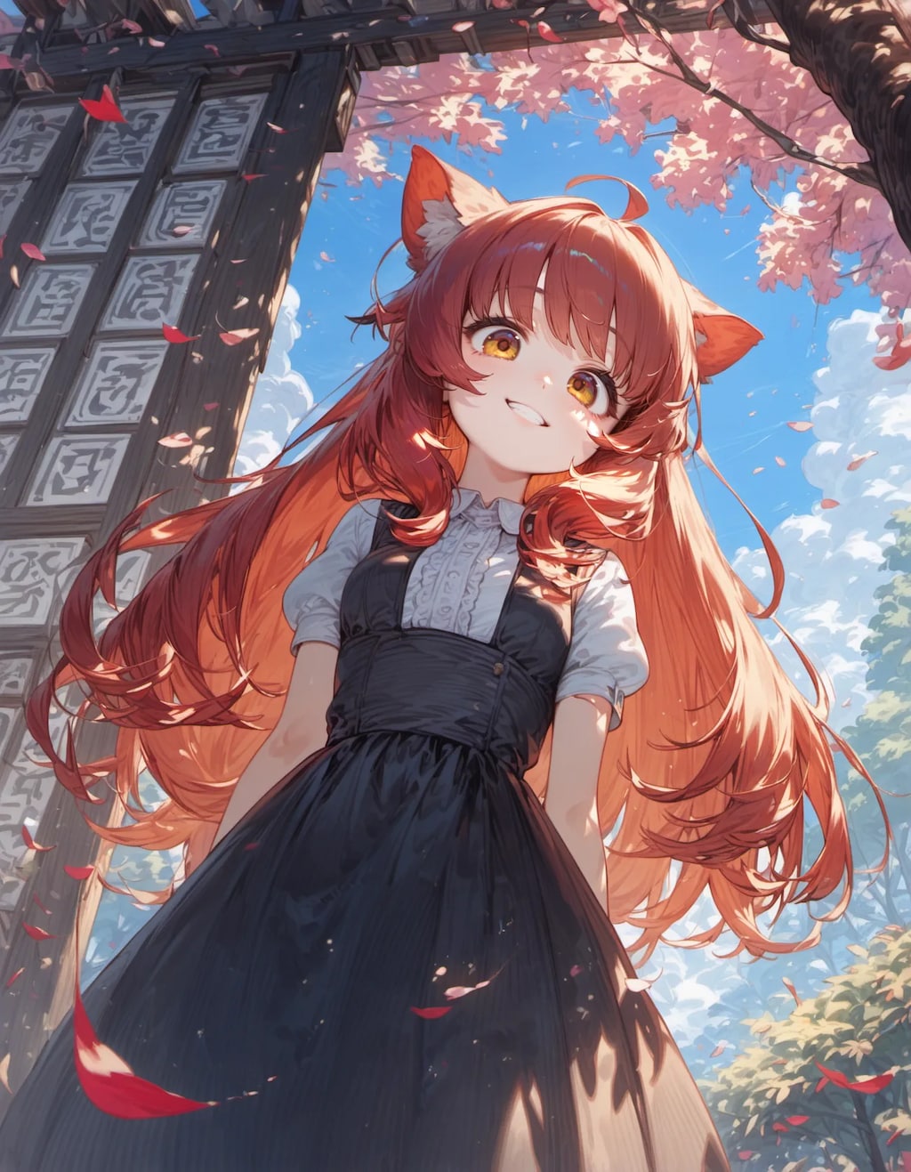 Fox Smile Beneath Falling Petals