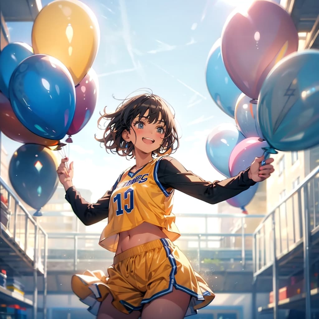 いっぱい巨大風船を持つブラウンショートカットのバスケットボール選手の美女。