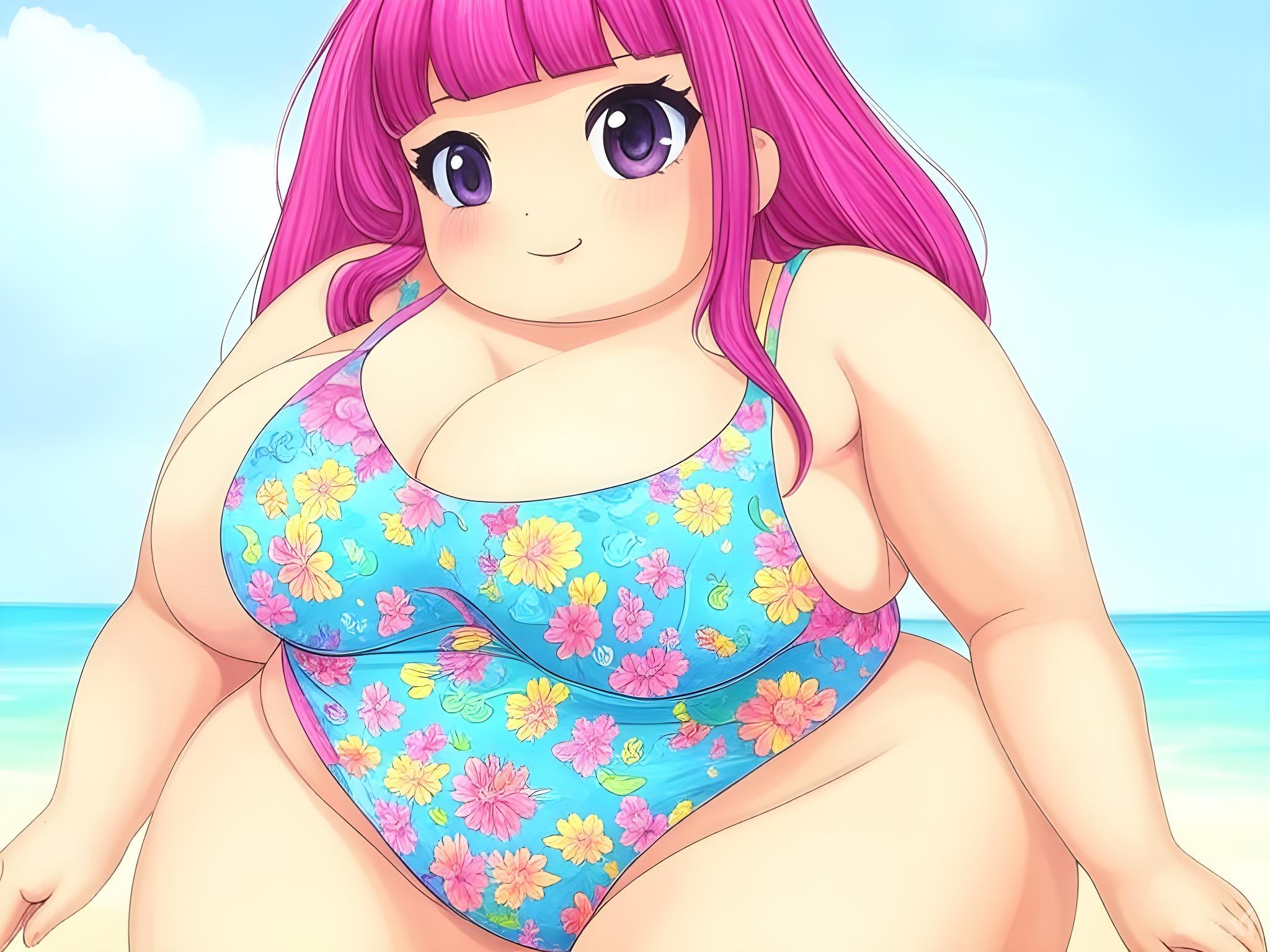 浜辺にいる体重が三桁ある女子(ミケぽちゃ女子)