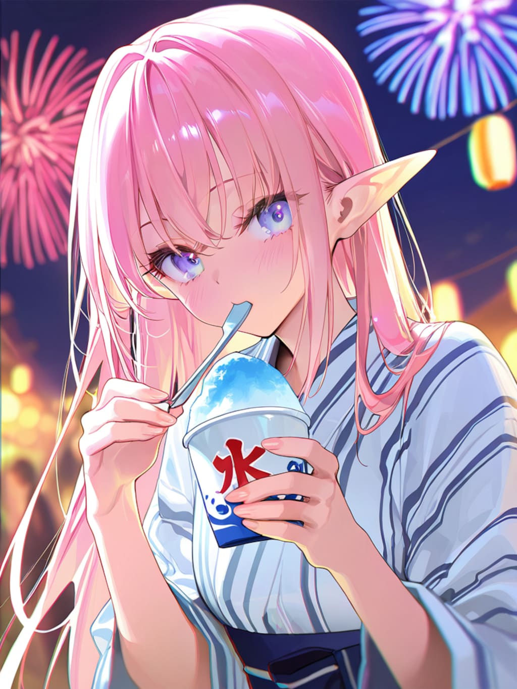 夏祭りを楽しむエルフの女の子