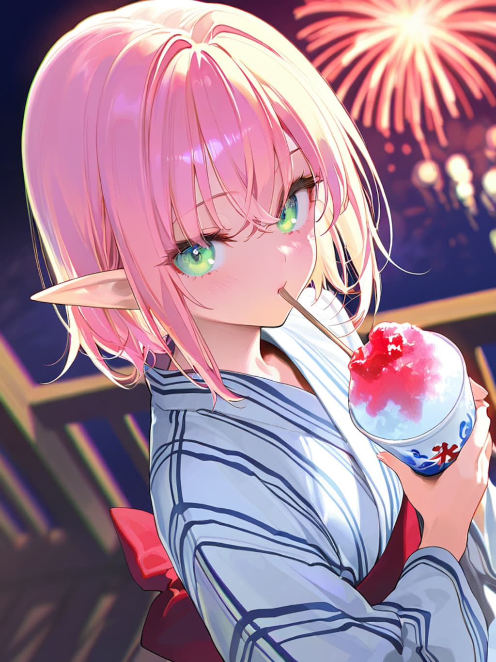 夏祭りを楽しむエルフの女の子