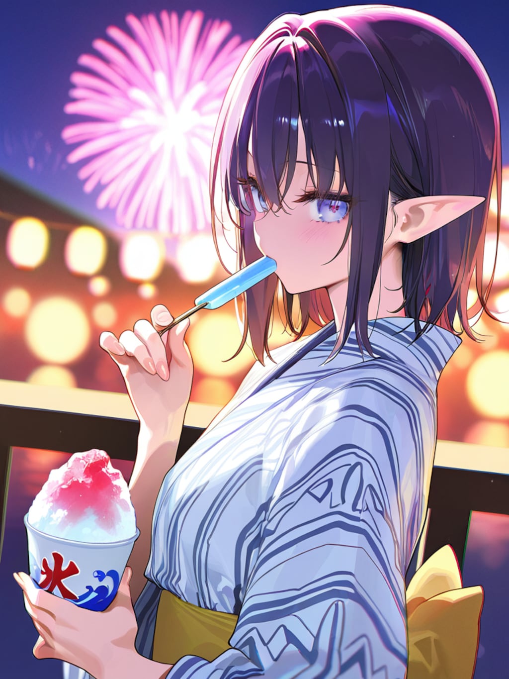 夏祭りを楽しむエルフの女の子