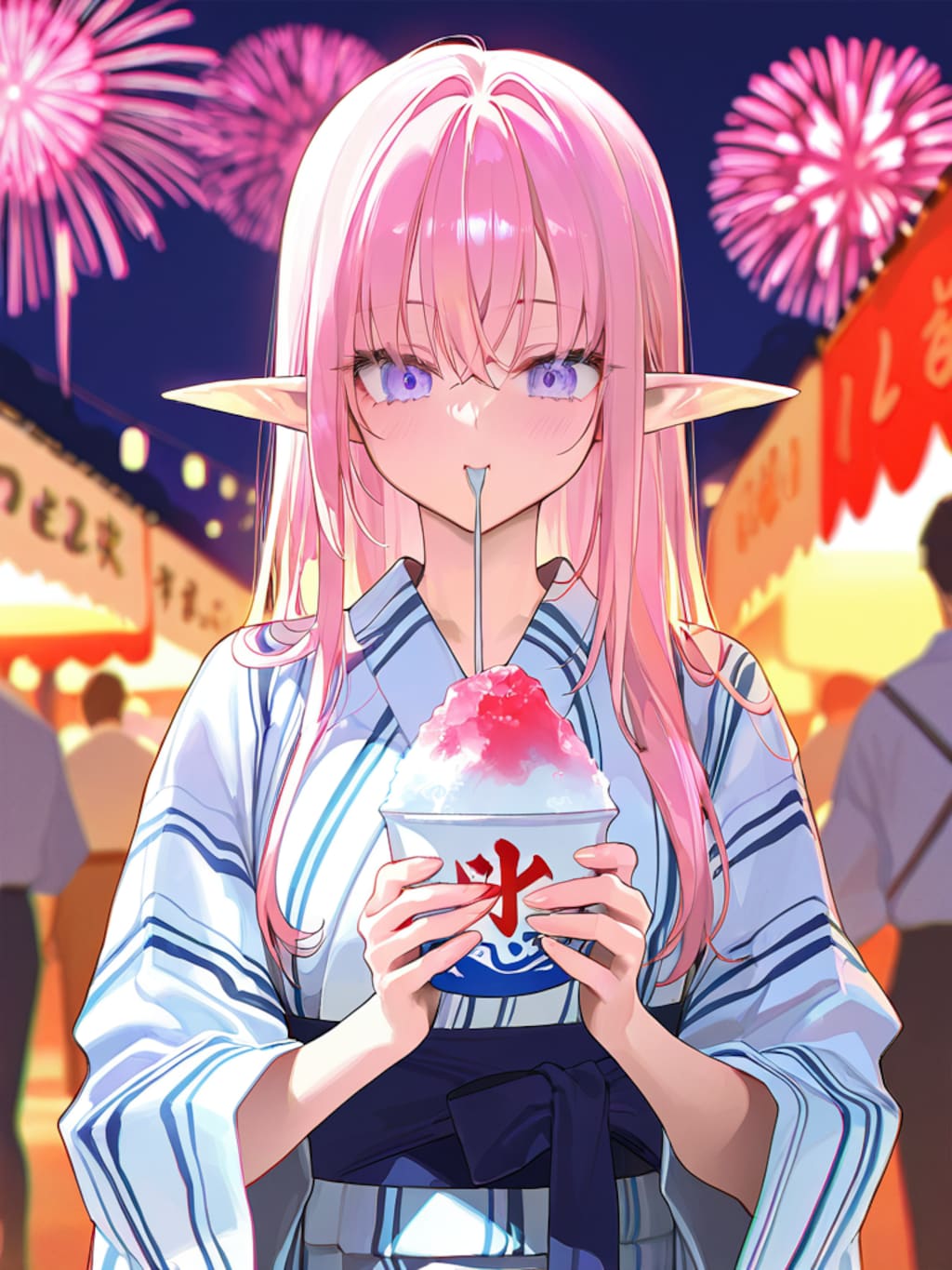 夏祭りを楽しむエルフの女の子