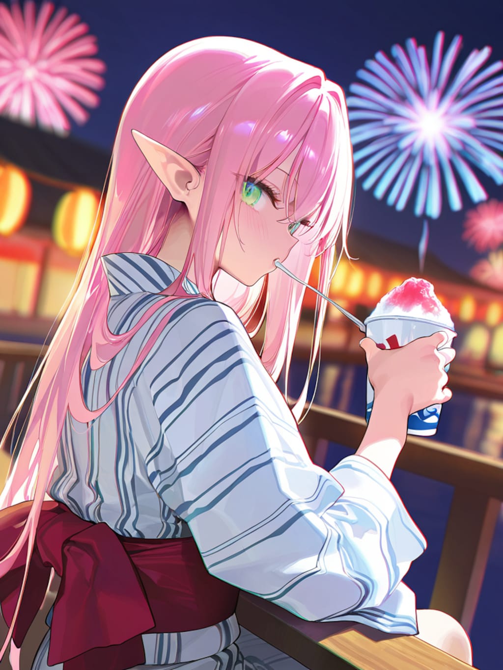 夏祭りを楽しむエルフの女の子