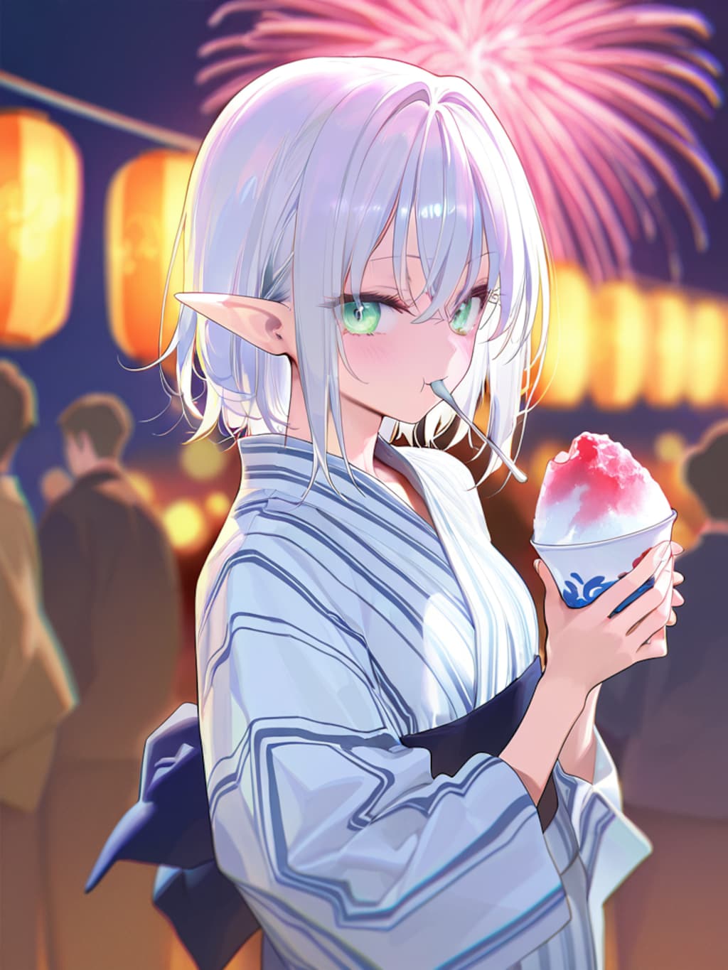 夏祭りを楽しむエルフの女の子