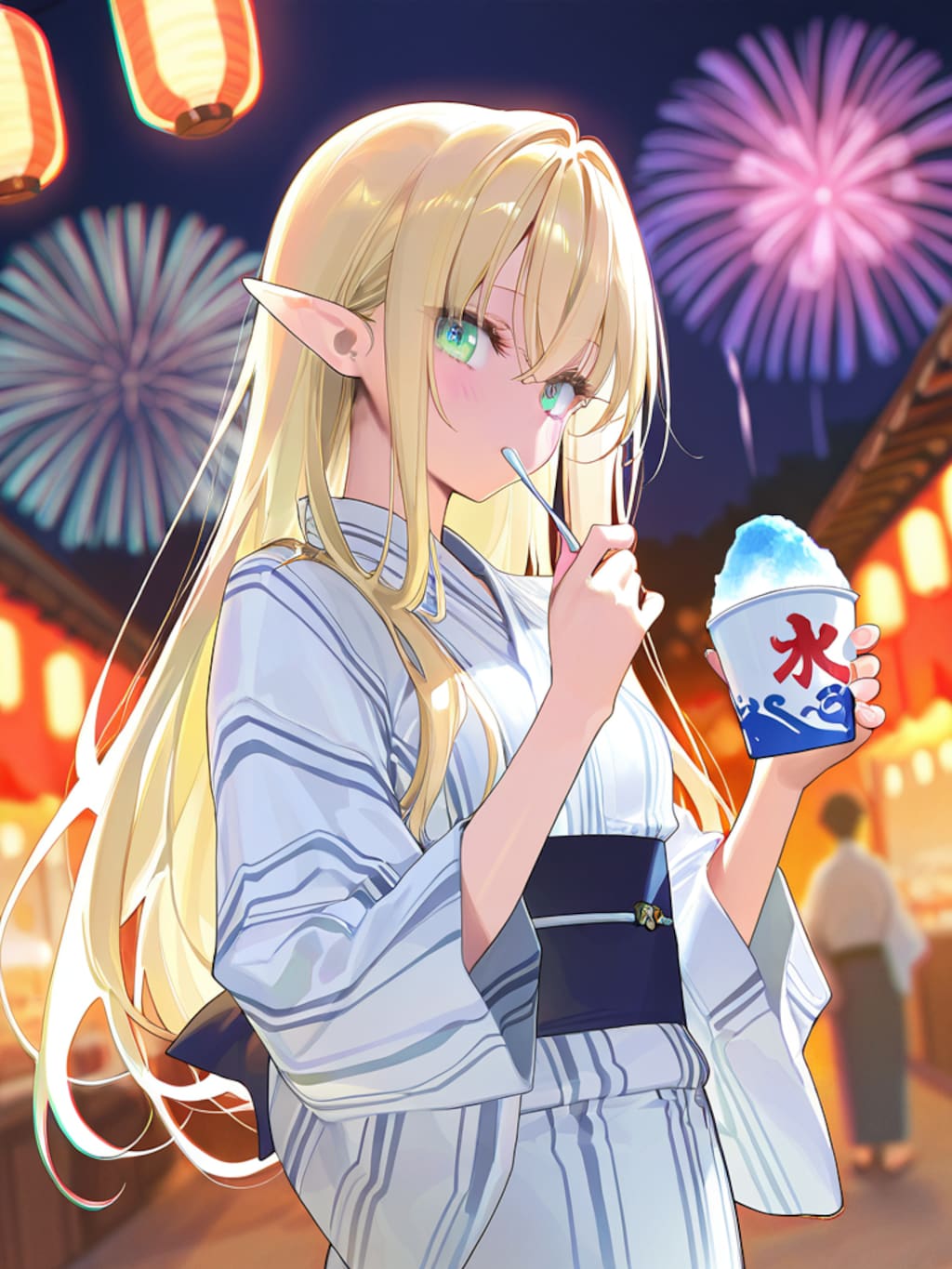 夏祭りを楽しむエルフの女の子
