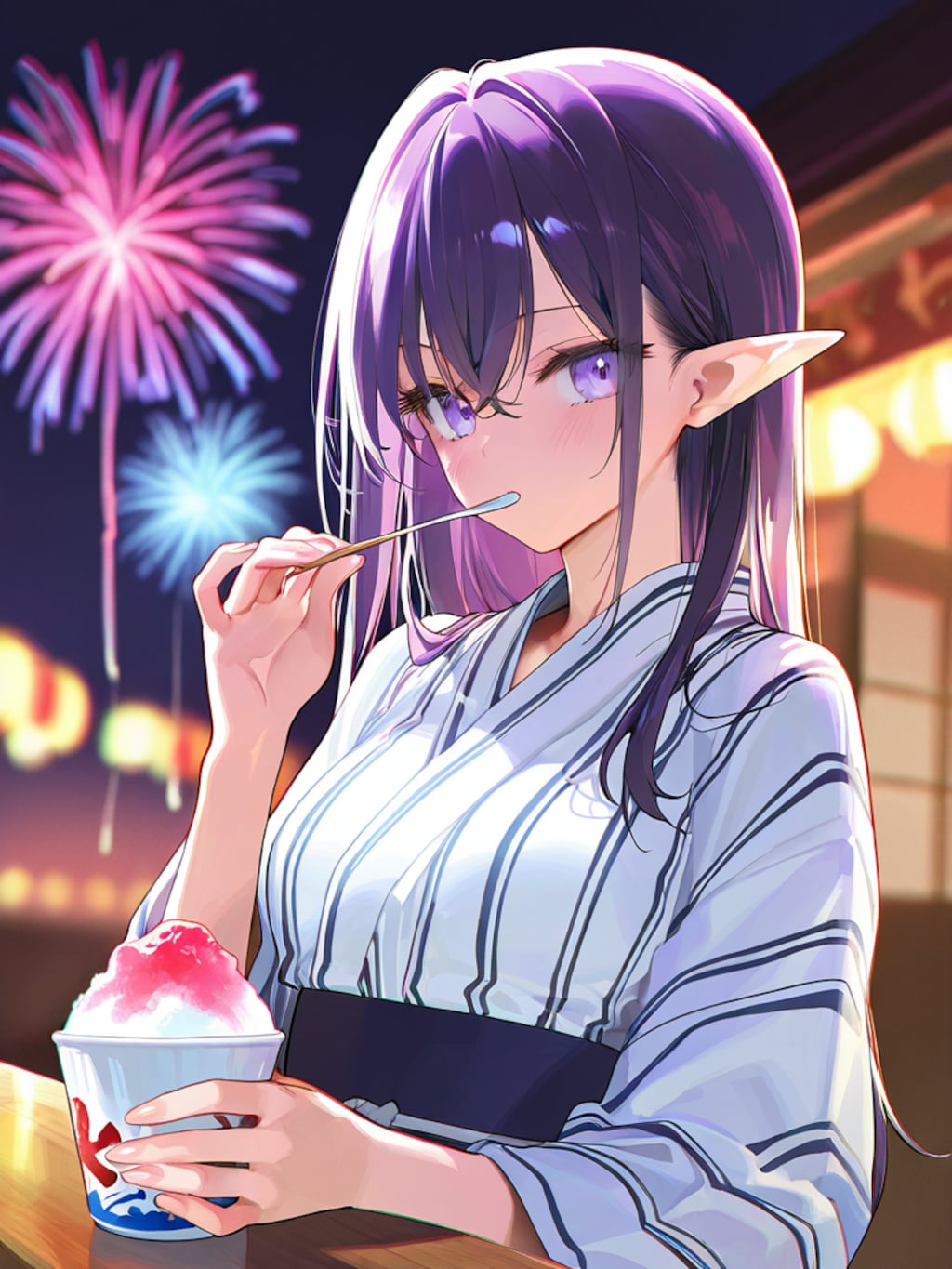 夏祭りを楽しむエルフの女の子