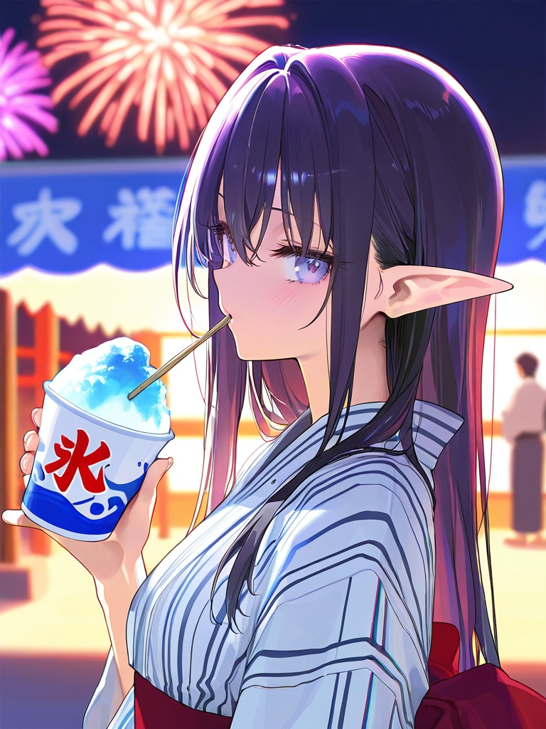 夏祭りを楽しむエルフの女の子