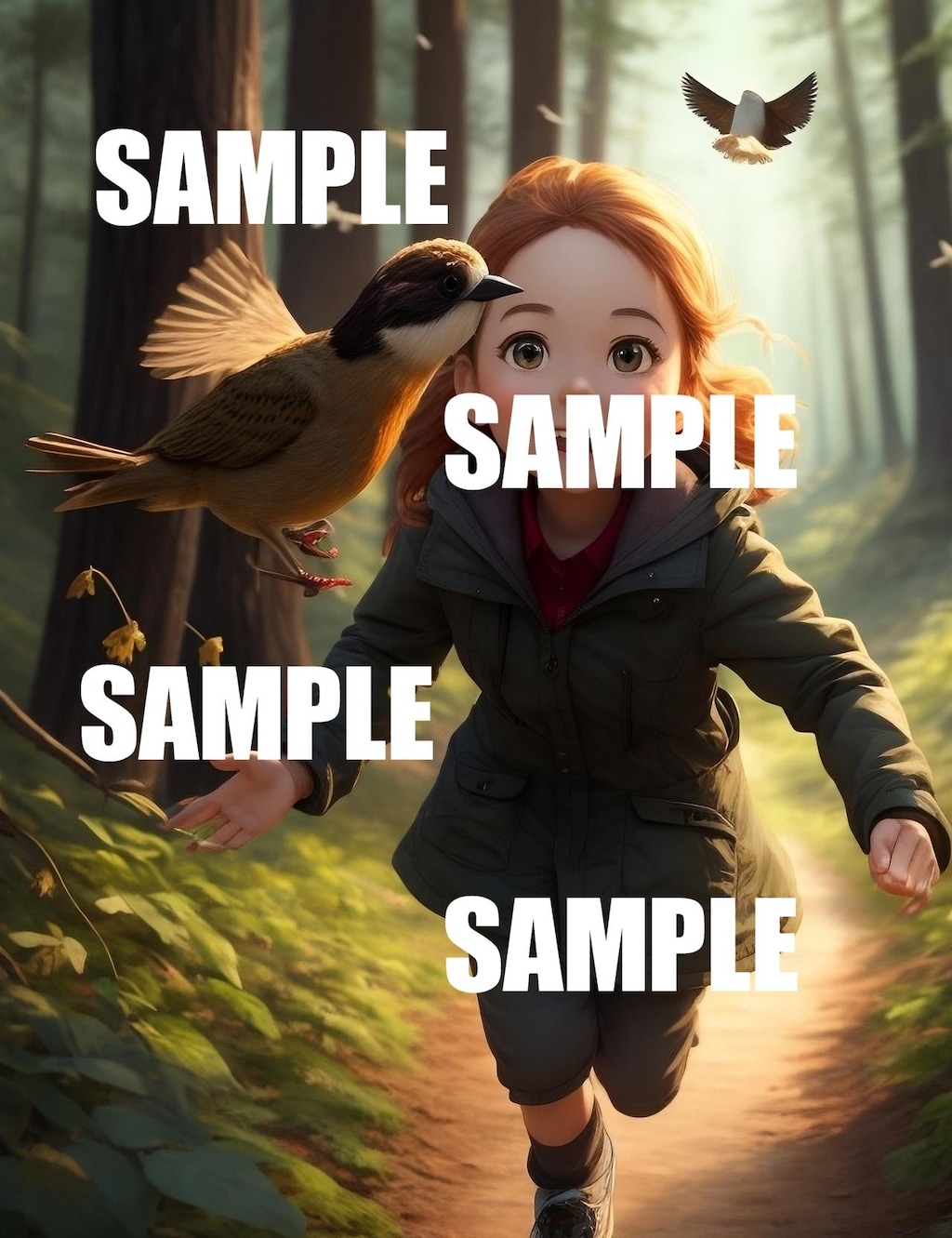 AI girl run bird forest　画像はサンプル用