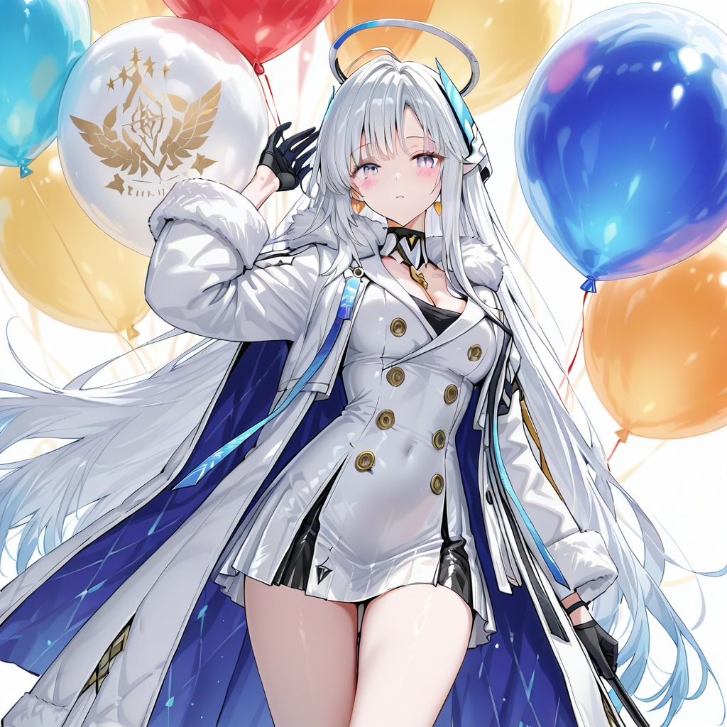 いっぱい風船を持つ白い髪ロングの白衣着た美女 | の人気AIイラスト・グラビア