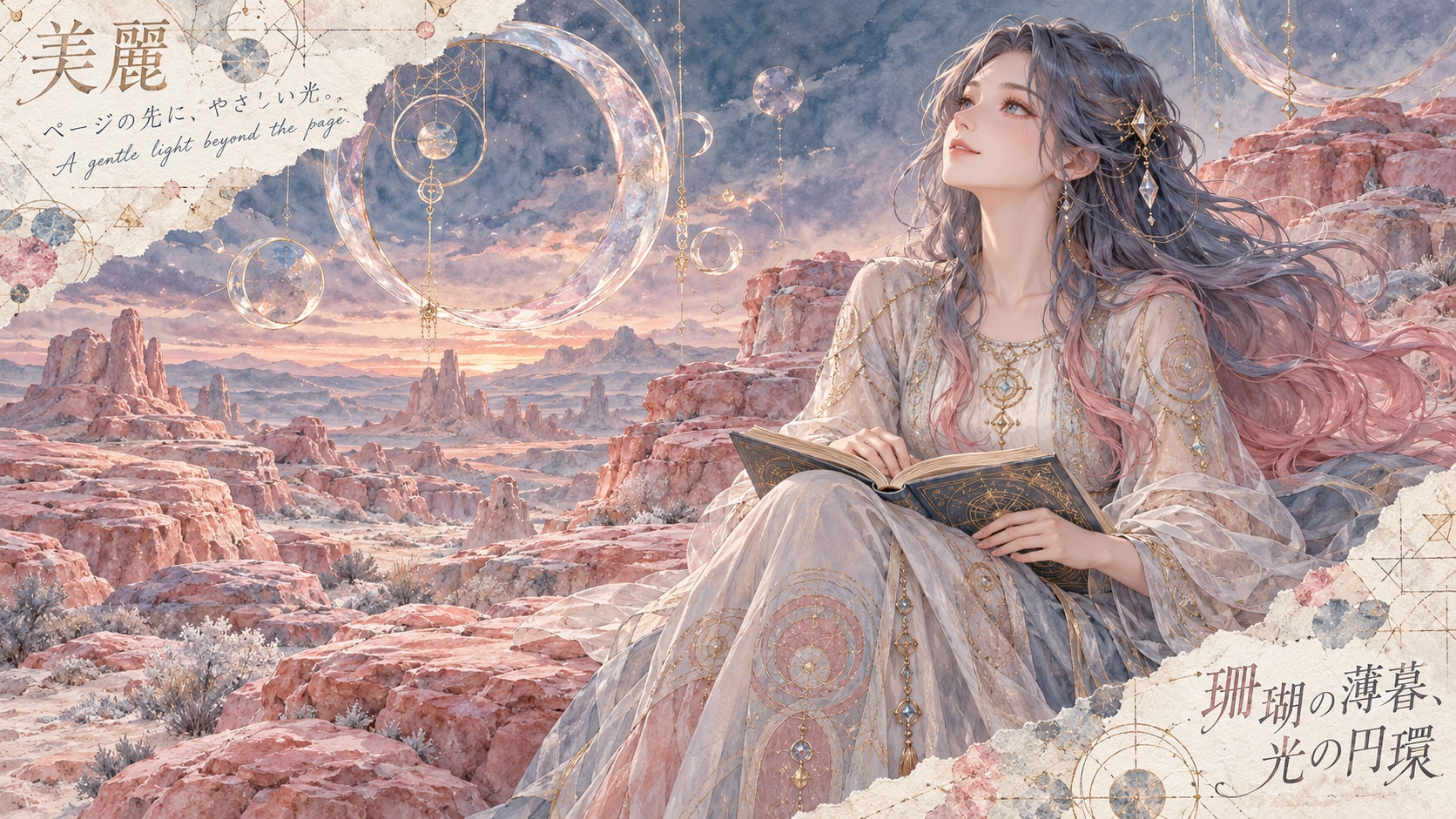 The Coral Dusk and Luminous Circles: Beyond the Page  Find the magical light beyond the page in this | の人気AIイラスト・グラビア