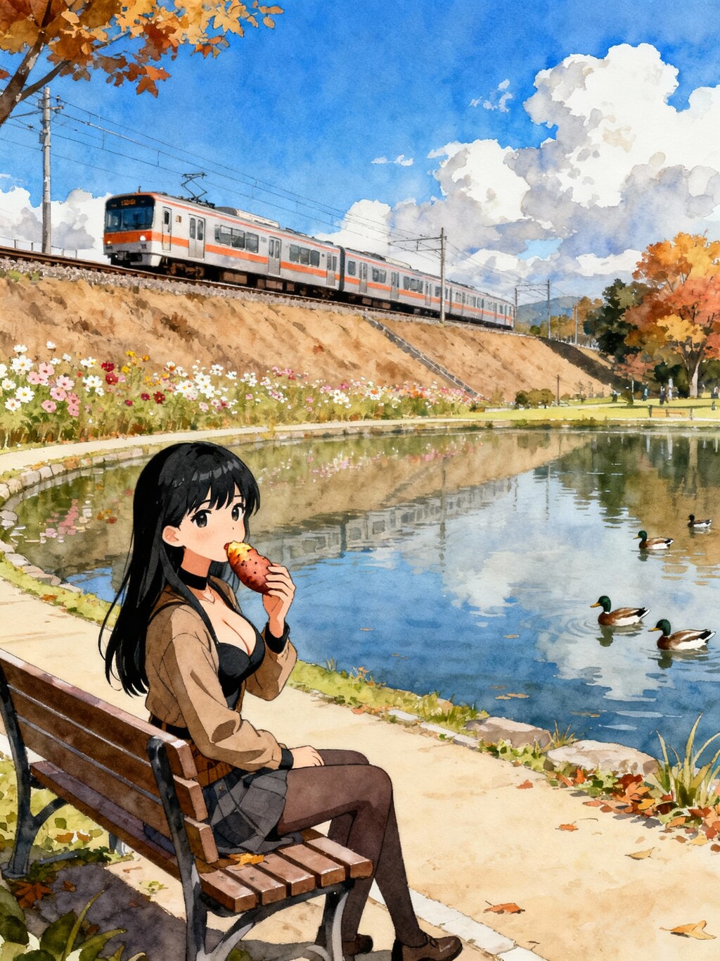 線路沿いの公園で芋を食む