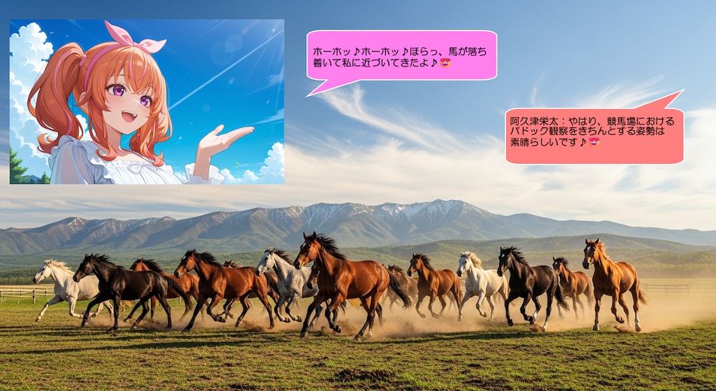 我妻マキナ、牧場で馬達に優しく声をかける