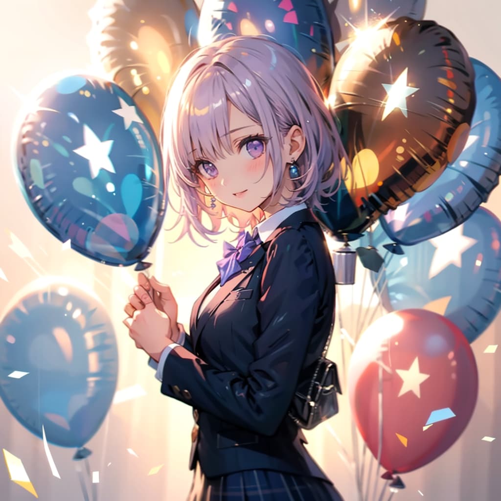 いっぱい風船を持つ紫髪ショートカットの制服の美少女。 | の人気AIイラスト・グラビア