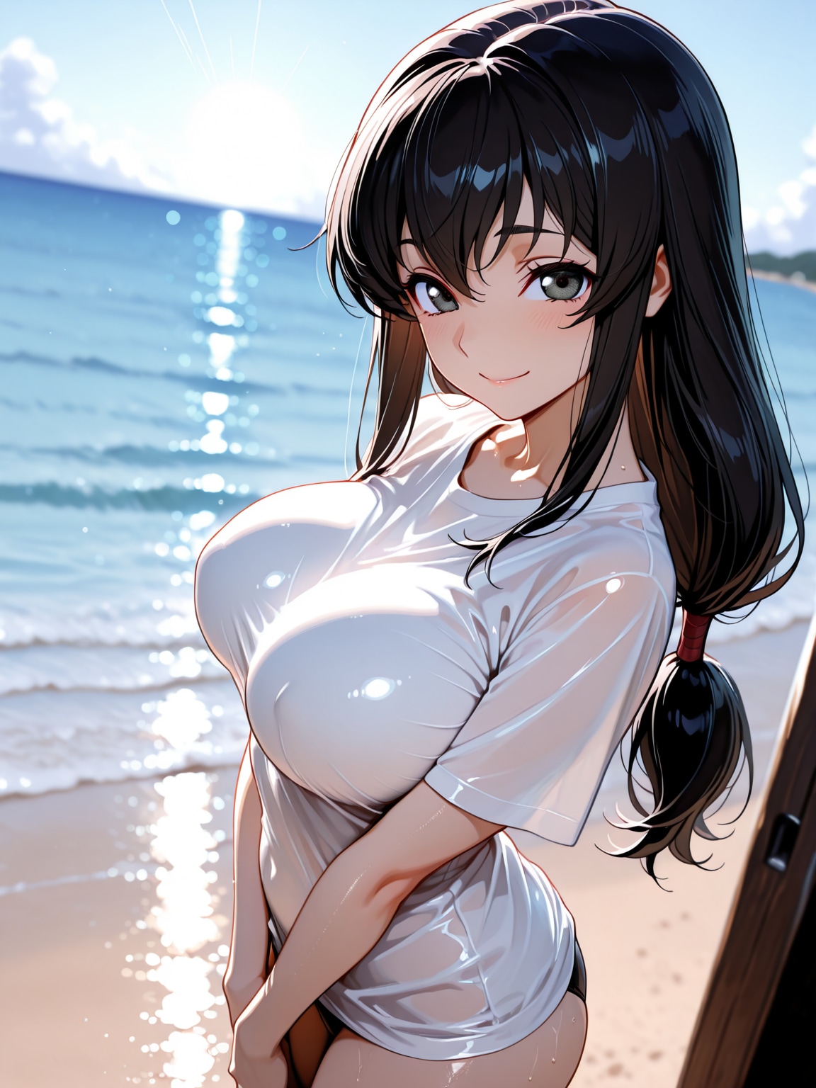海辺でTシャツ姿の美月
