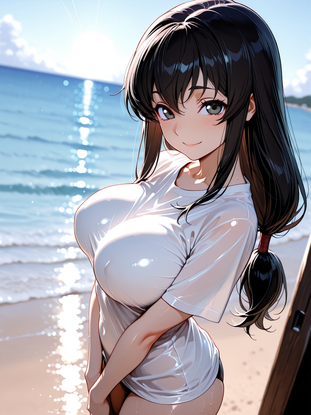 海辺でTシャツ姿の美月