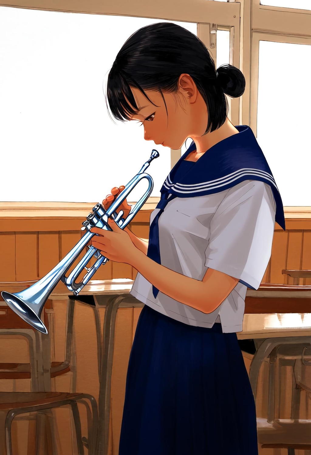 放課後の学校　トランペットを練習する吹奏楽部員