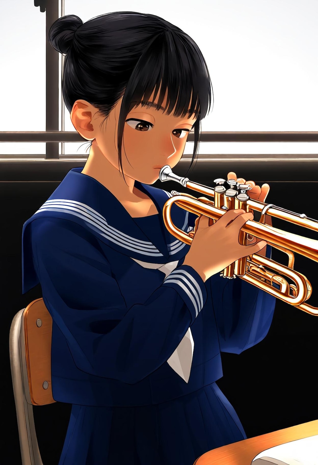 放課後の学校　トランペットを練習する吹奏楽部員